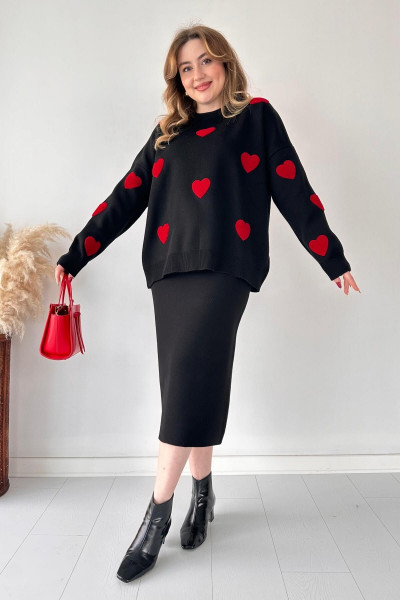 Kalpli Etekli Triko Takım Siyah Kalpli Etekli Triko Takım Siyah