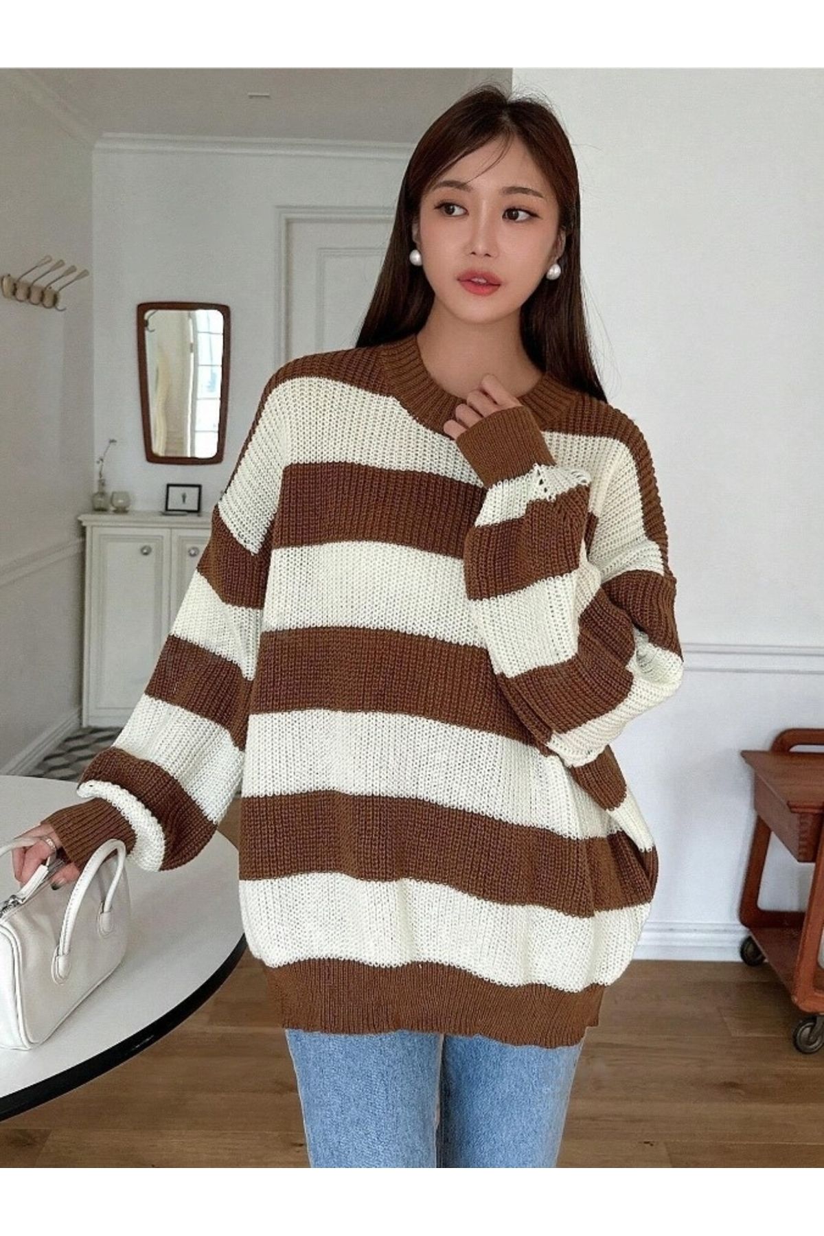 Kadın Triko Kahve Çizgili Oversize Kazak Kadın Triko Kahve Çizgili Oversize Kazak