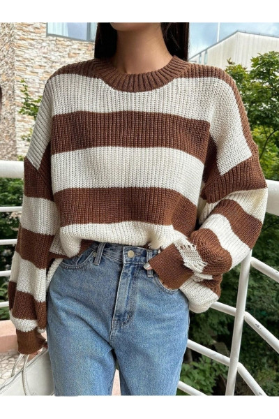 Kadın Triko Kahve Çizgili Oversize Kazak Kadın Triko Kahve Çizgili Oversize Kazak