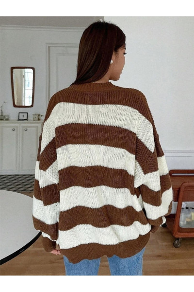 Kadın Triko Kahve Çizgili Oversize Kazak Kadın Triko Kahve Çizgili Oversize Kazak