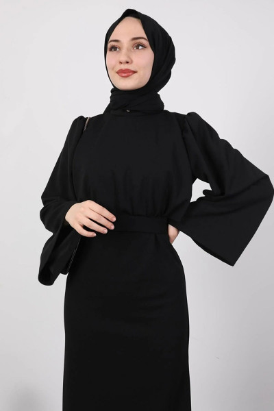 Volan Kol Kuşaklı Tesettür Elbise Volan Kol Kuşaklı Tesettür Elbise