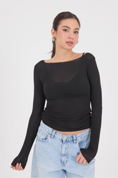 Kayık Yaka Uzun Kollu Tül Bluz B13838 Kayık Yaka Uzun Kollu Tül Bluz B13838