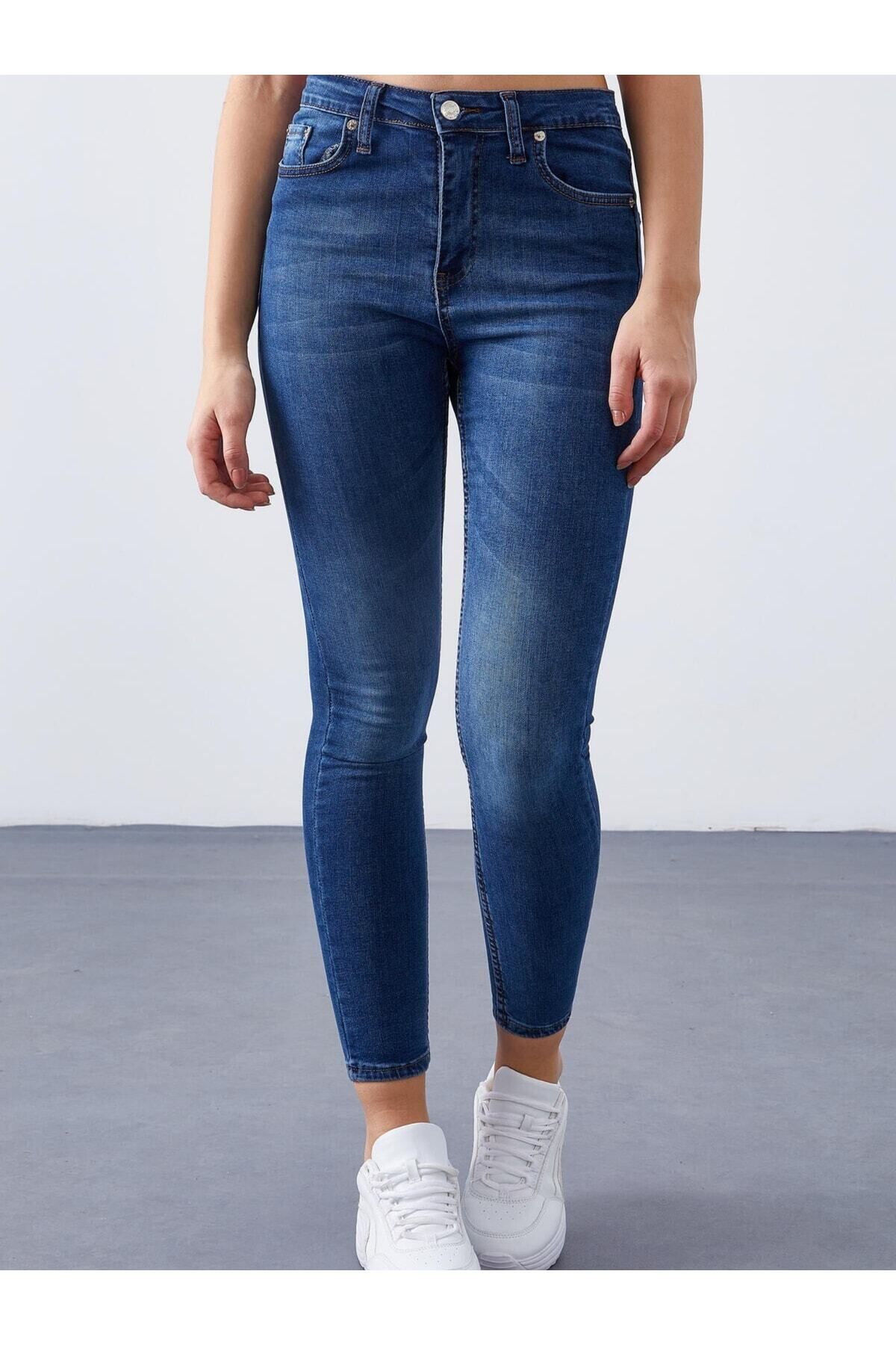 Kadın Mavi Yüksek Bel Dar Paça Skinny Likralı Kot Pantalon