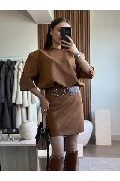 VATKALI KEMER DETAYLI  SÜET ELBİSE VATKALI KEMER DETAYLI  SÜET ELBİSE