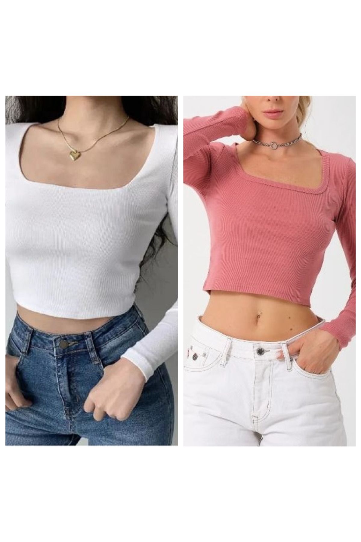 2'li Paket %100 Pamuklu Fitilli Kaşkorse  Kare Yaka Uzun Kollu Crop Bluz