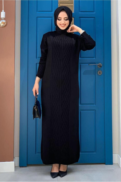 Kadın Siyah Örgü Desenli Triko Elbise 90222 Kadın Siyah Örgü Desenli Triko Elbise 90222