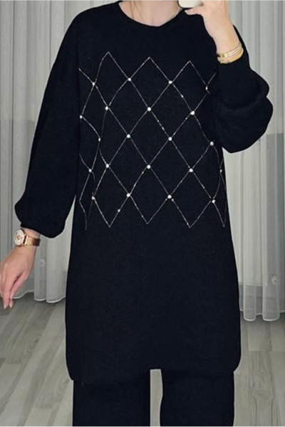 KADIN SİYAH TAŞ DETAYLI PANTOLONLU TRİKO TAKIM T 44421 KADIN SİYAH TAŞ DETAYLI PANTOLONLU TRİKO TAKIM T 44421