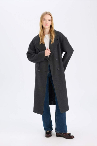 Kadın Uzun Kaşe Kaban Oversize Ceket Yaka Düğmeli Kadın Uzun Kaşe Kaban Oversize Ceket Yaka Düğmeli
