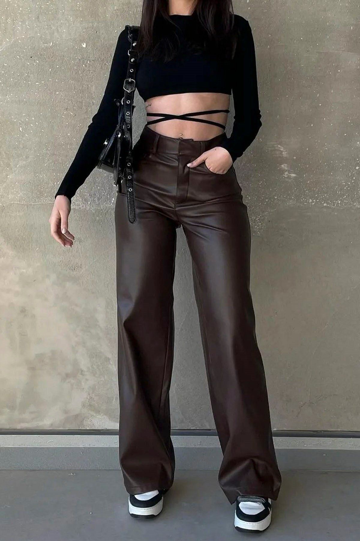 Mad Girls Kahverengi Deri Pantolon Mg1316 Mad Girls Kahverengi Deri Pantolon Mg1316