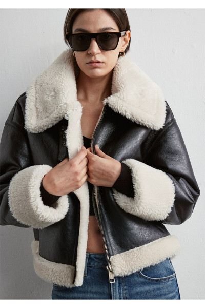 Sherpa Detaylı Siyah Suni Deri Ceket Loose Fit / Bol Rahat Kesim 1110263-900 Sherpa Detaylı Siyah Suni Deri Ceket Loose Fit / Bol Rahat Kesim 1110263-900