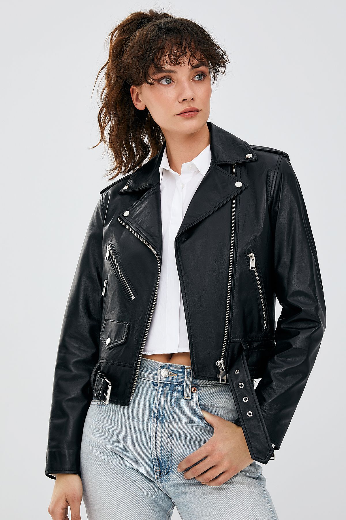 Newage Kadın Siyah Slim-fit Biker Deri Ceket 22wgd5983u5 Newage Kadın Siyah Slim-fit Biker Deri Ceket 22wgd5983u5