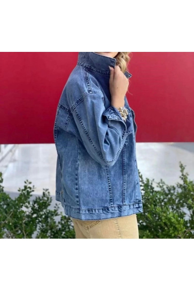 Sırtı aplike nakış detaylı jean ceket mavi Sırtı aplike nakış detaylı jean ceket mavi