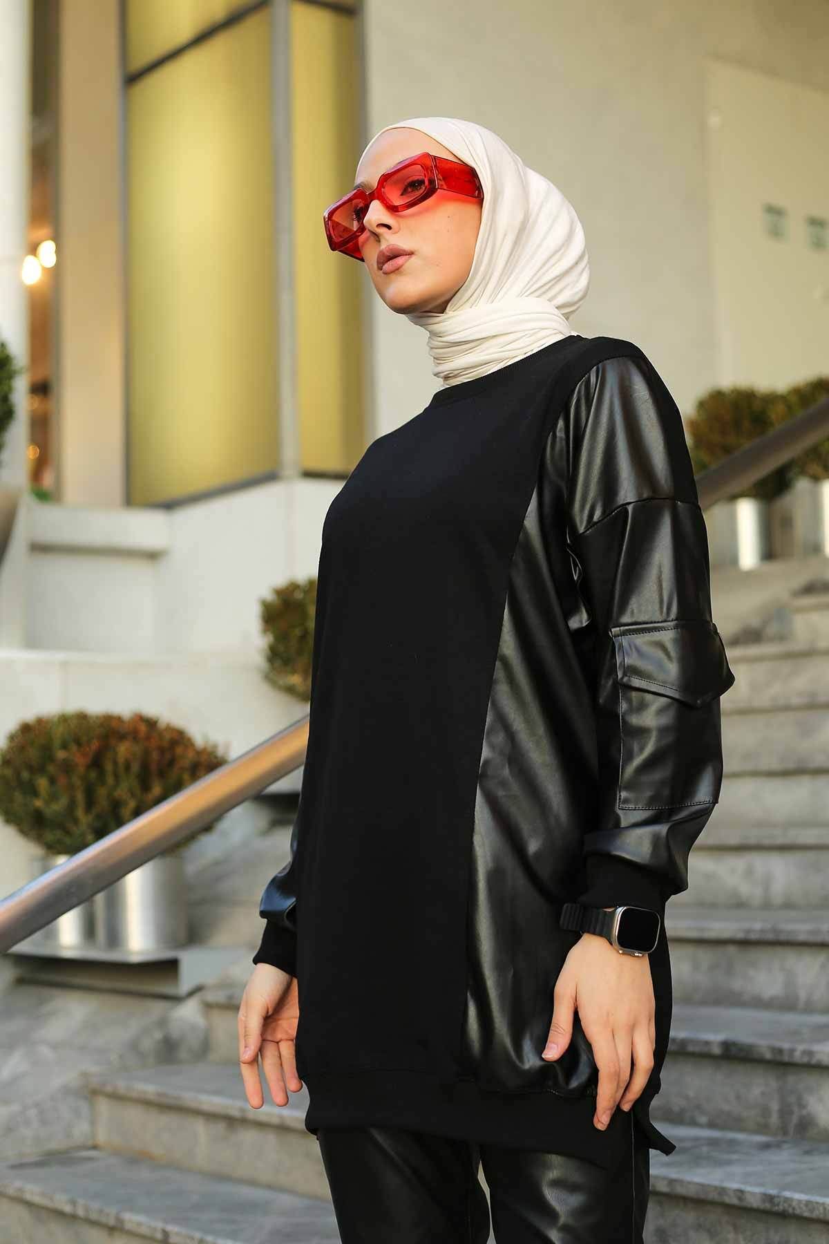 Siyah Deri Garnili Iki Iplik Tesettür Tunik Siyah Deri Garnili Iki Iplik Tesettür Tunik