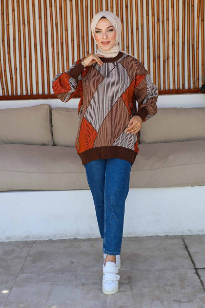 Kahverengi Renkli Çizgili Balon Kol Triko Tunik Kahverengi Renkli Çizgili Balon Kol Triko Tunik