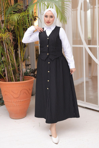 Siyah Çizgili Krop Yelek Etek Üçlü Takım Siyah Çizgili Krop Yelek Etek Üçlü Takım