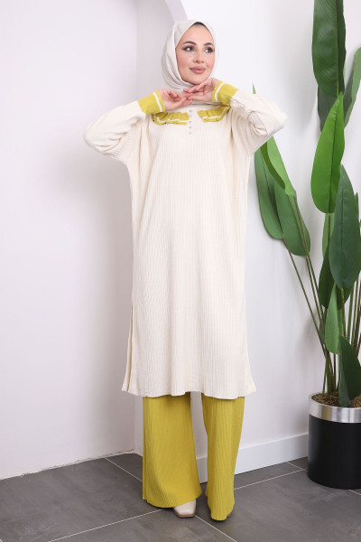 Yağ Yeşili Bebe Yaka Tunik Pantolonlu İkili Triko Takım Yağ Yeşili Bebe Yaka Tunik Pantolonlu İkili Triko Takım