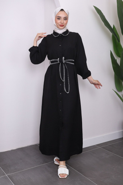 Siyah Düğmeli Kuşaklı Kol Lastikli Elbise Siyah Düğmeli Kuşaklı Kol Lastikli Elbise