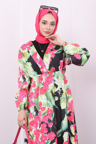 Siyah Kol Bel Lastikli Desenli Elbise Siyah Kol Bel Lastikli Desenli Elbise