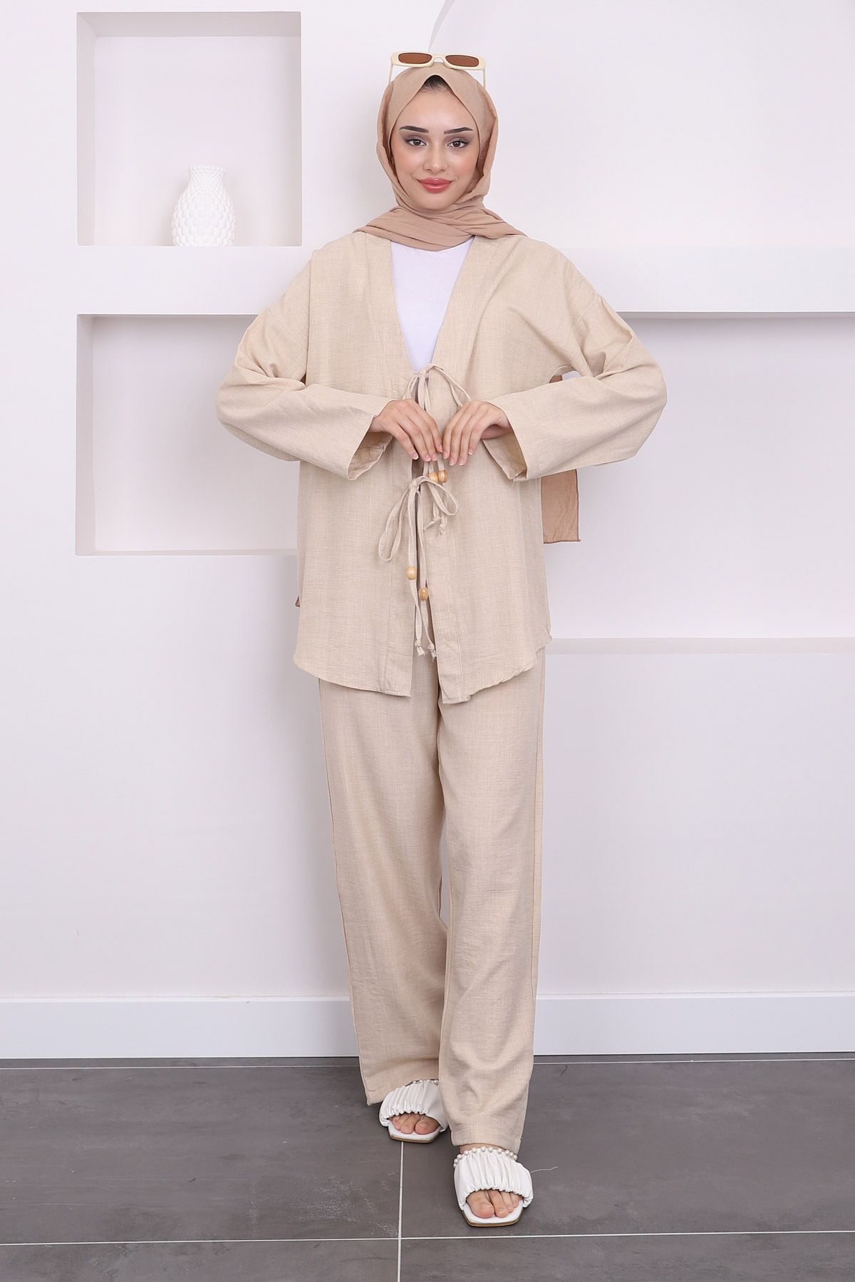 Taş Bağlamalı Keten Kimono Pantolon Takım Taş Bağlamalı Keten Kimono Pantolon Takım