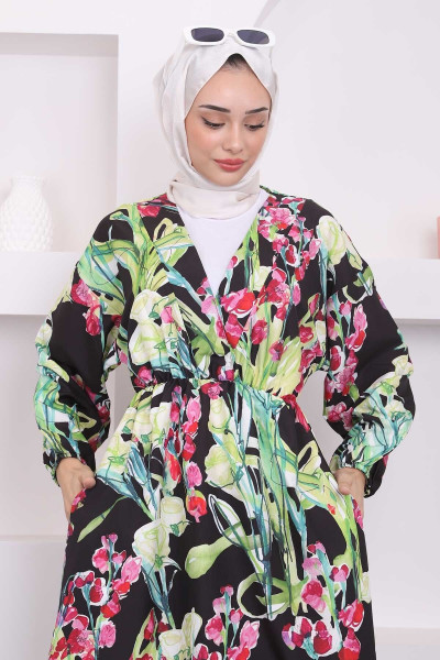 Siyah/Fuşya Kol Bel Lastikli Desenli Elbise Siyah/Fuşya Kol Bel Lastikli Desenli Elbise