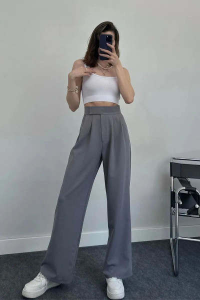 Kadın Yüksk Bel Cırtlı Beli Palazzo Pantolon Gıri Renk