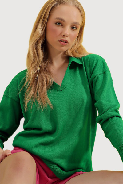 Kadın Yeşil Polo Yaka Basic Mevsimlik Triko Kazak ALC-X8976 Kadın Yeşil Polo Yaka Basic Mevsimlik Triko Kazak ALC-X8976