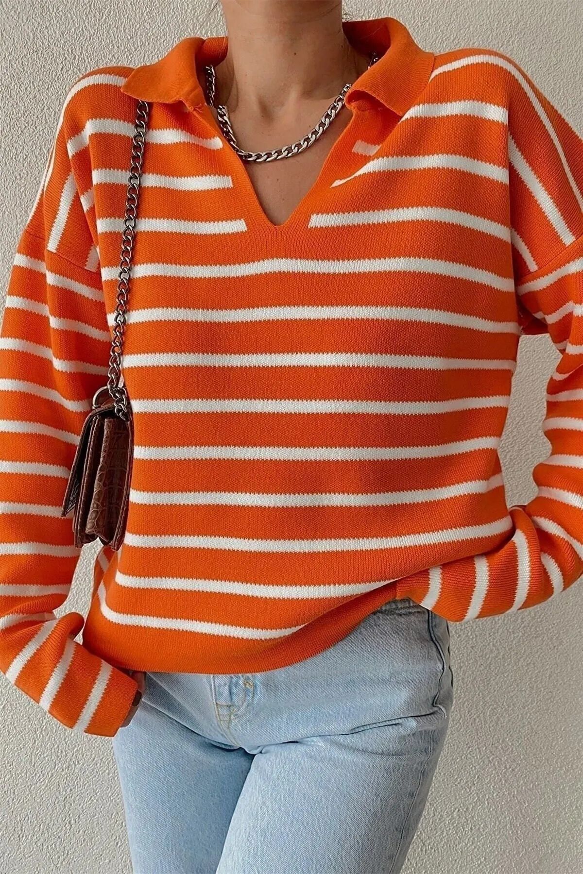 Nathia Outdoors Kadın Polo Yaka Çizgili Triko Kazak Nathia Outdoors Kadın Polo Yaka Çizgili Triko Kazak