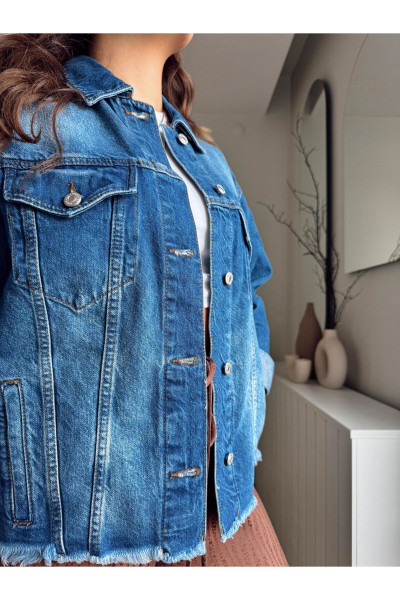 Kesik Püsküllü Denim Ceket Kesik Püsküllü Denim Ceket