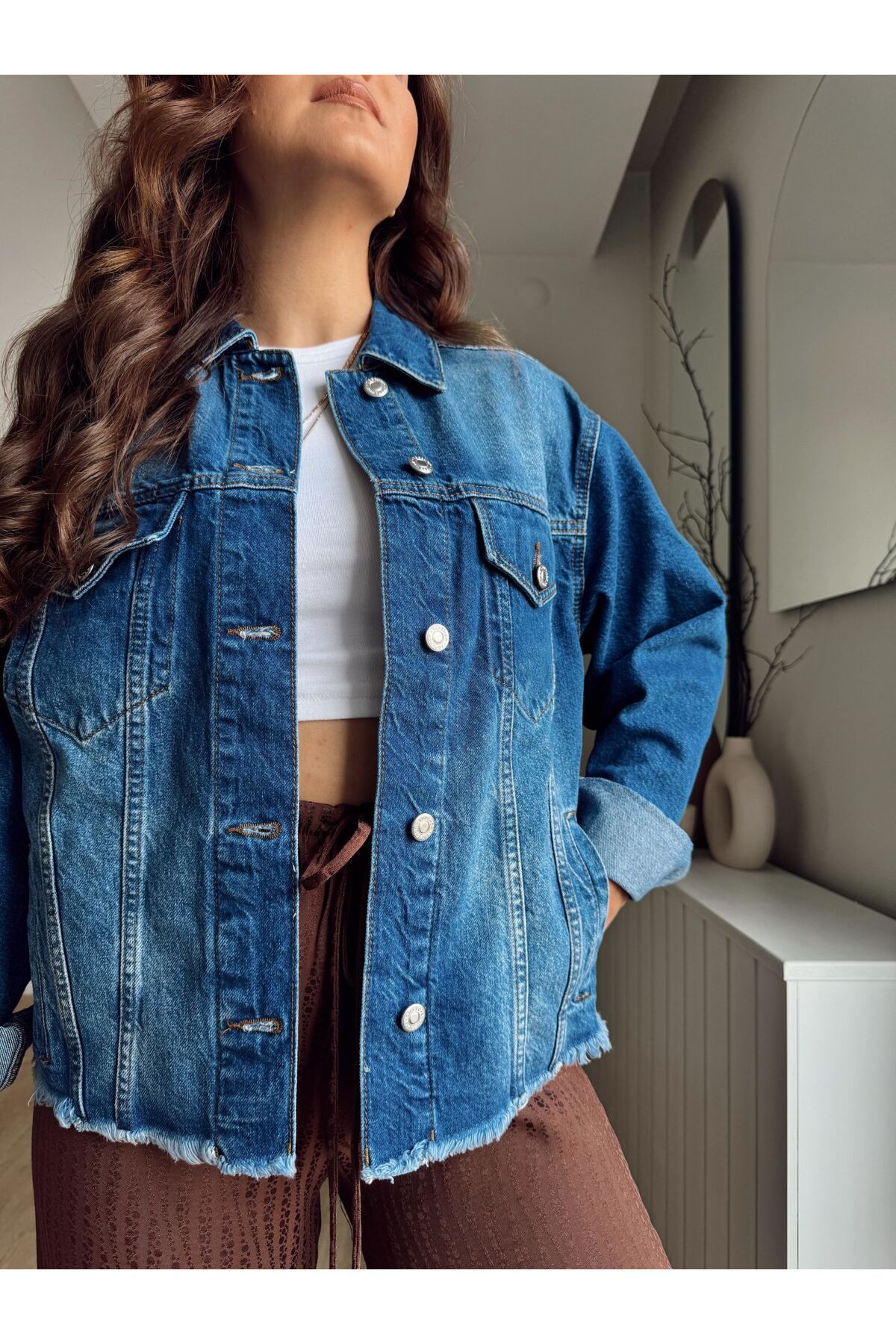 Kesik Püsküllü Denim Ceket Kesik Püsküllü Denim Ceket
