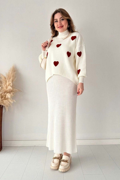 Kalp Kazak Elbise Takım Ekru Kalp Kazak Elbise Takım Ekru