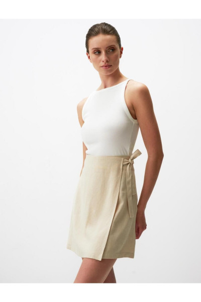 Taş Yüksek Bel Bağlamalı Keten Etek Taş Yüksek Bel Bağlamalı Keten Etek