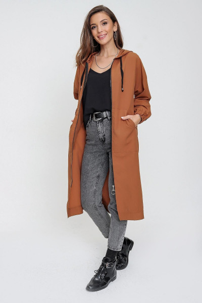 Kadın Taba Kapüşonlu Cepli Fermuarlı Soft Cotton Trençkot Kadın Taba Kapüşonlu Cepli Fermuarlı Soft Cotton Trençkot