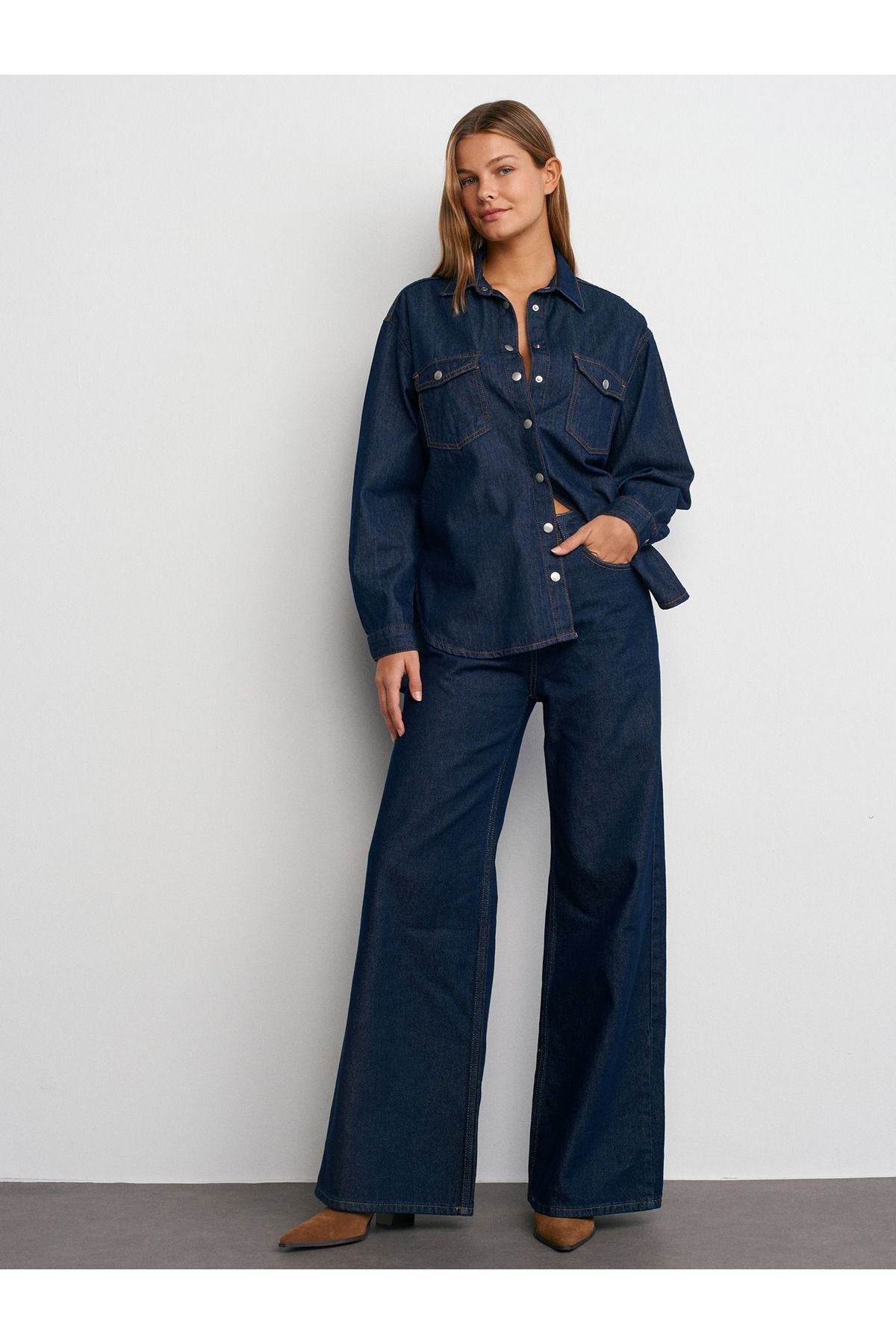 50744 Rins Yıkama Oversize Denim Gömlek-Lacivert