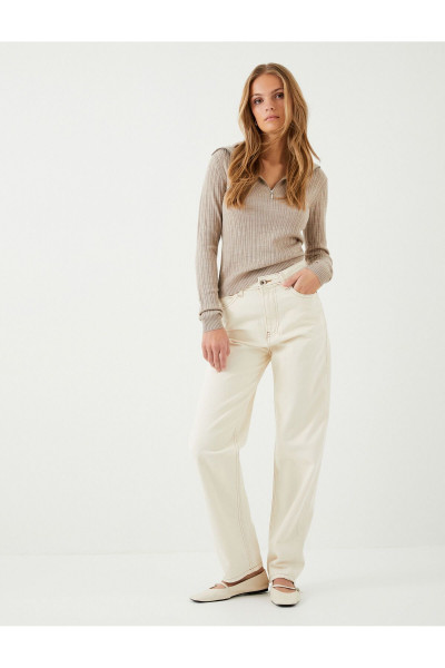 Triko Kazak Yarım Fermuarlı Geniş Yaka Fitilli Kaşmir Dokulu Triko Kazak Yarım Fermuarlı Geniş Yaka Fitilli Kaşmir Dokulu