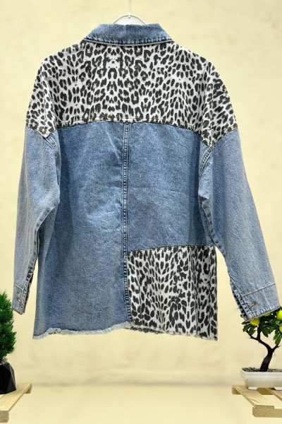 Yakalı Leopar Garnili Oversize Kot Ceket Yakalı Leopar Garnili Oversize Kot Ceket