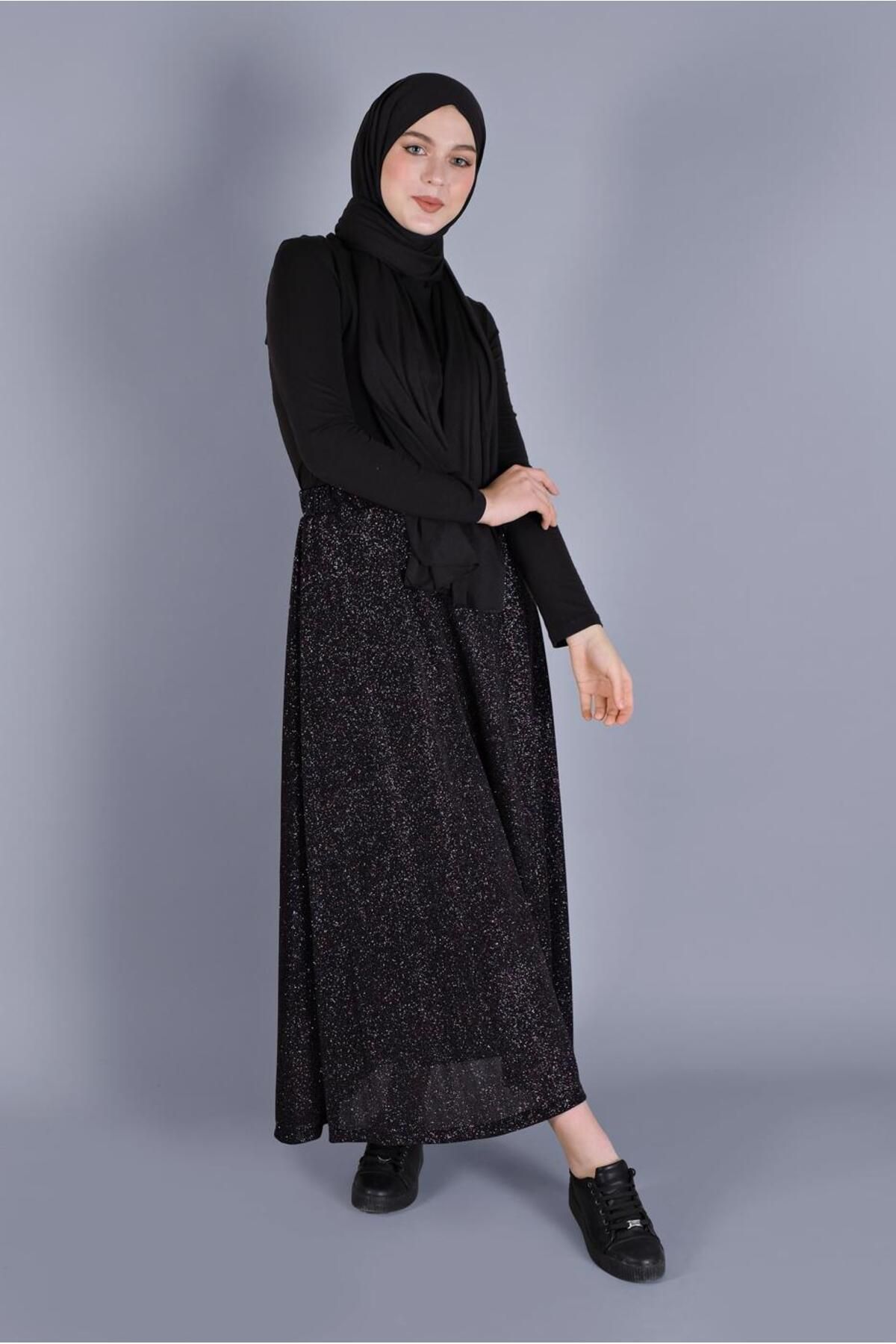 Kadın Siyah (SİYAH-EBRULİ) Beli Lastikli Simli Etek 6348 Kadın Siyah (SİYAH-EBRULİ) Beli Lastikli Simli Etek 6348