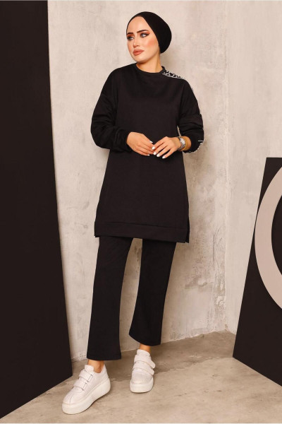 Kadın Siyah Inci Detaylı Pantolonlu Takım T 8672 Kadın Siyah Inci Detaylı Pantolonlu Takım T 8672