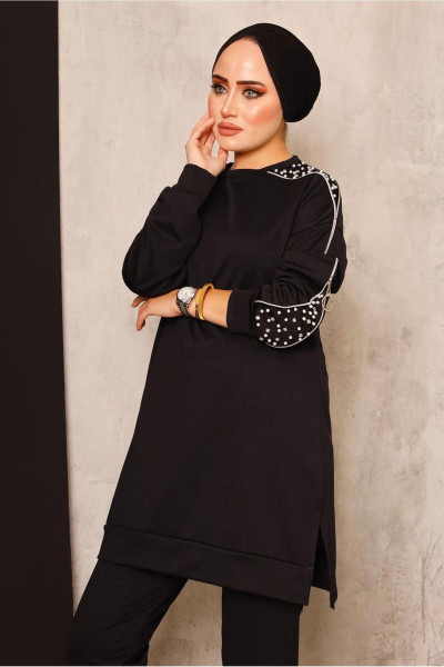 Kadın Siyah Inci Detaylı Pantolonlu Takım T 8672 Kadın Siyah Inci Detaylı Pantolonlu Takım T 8672