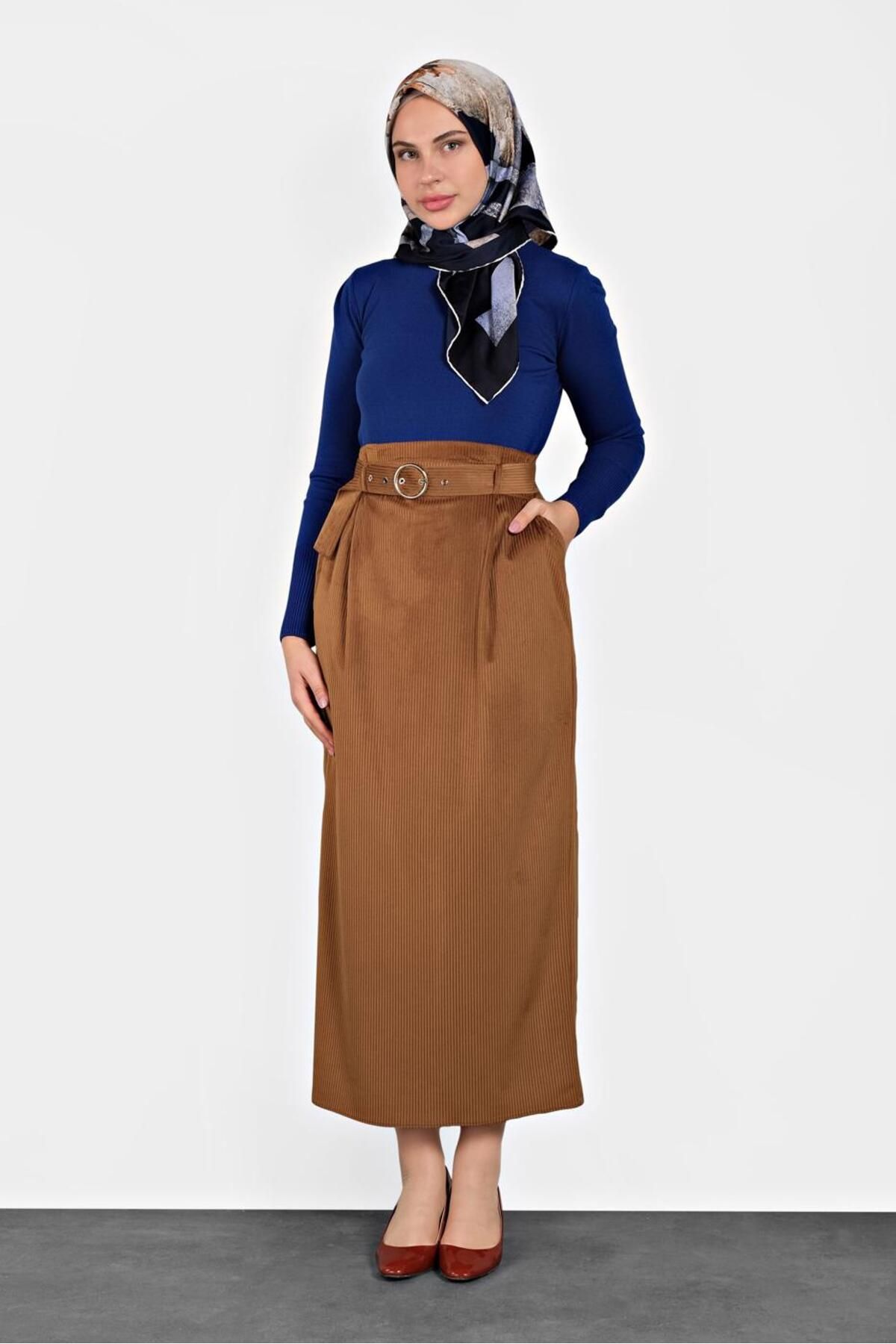 Kadın Taba Kemerli Kadife Etek 60034 Kadın Taba Kemerli Kadife Etek 60034