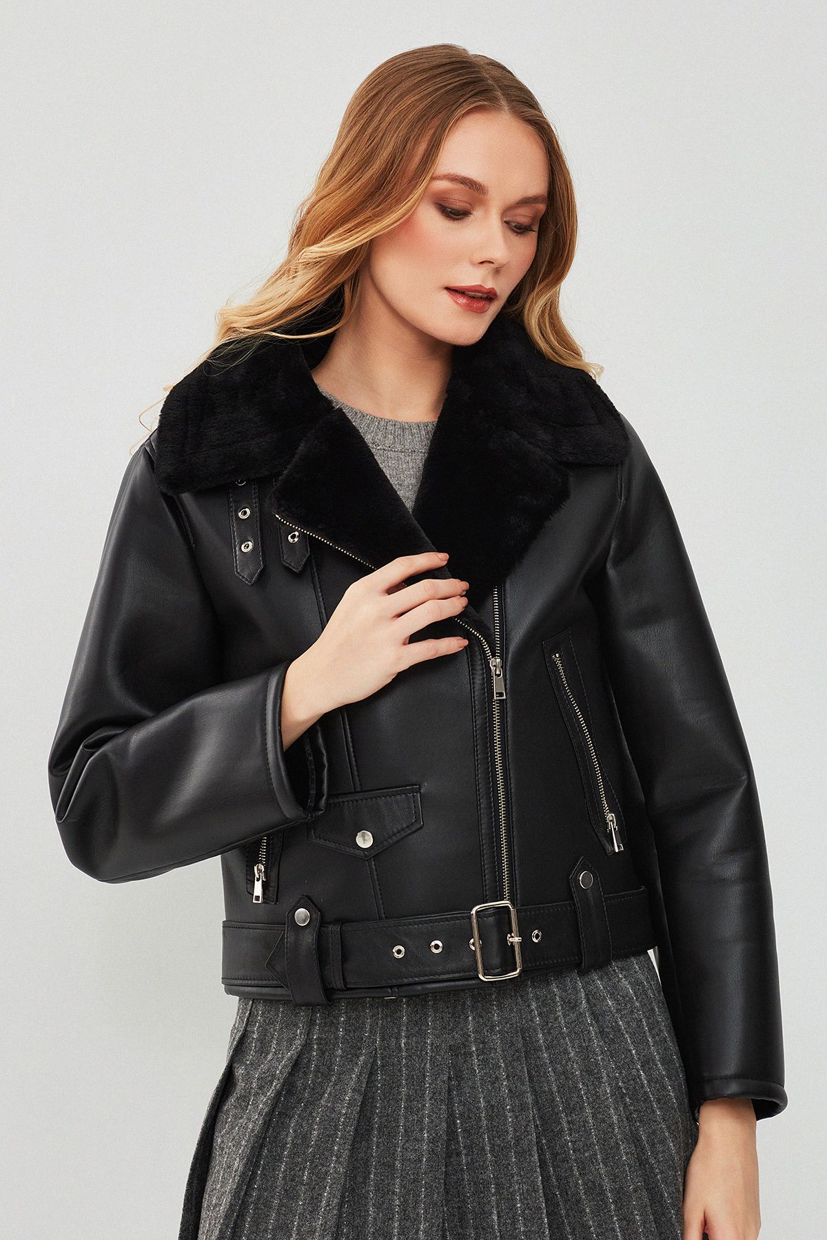 Mexico Kadın Siyah Teddy Biker Deri Ceket 23wgd5122ff Mexico Kadın Siyah Teddy Biker Deri Ceket 23wgd5122ff
