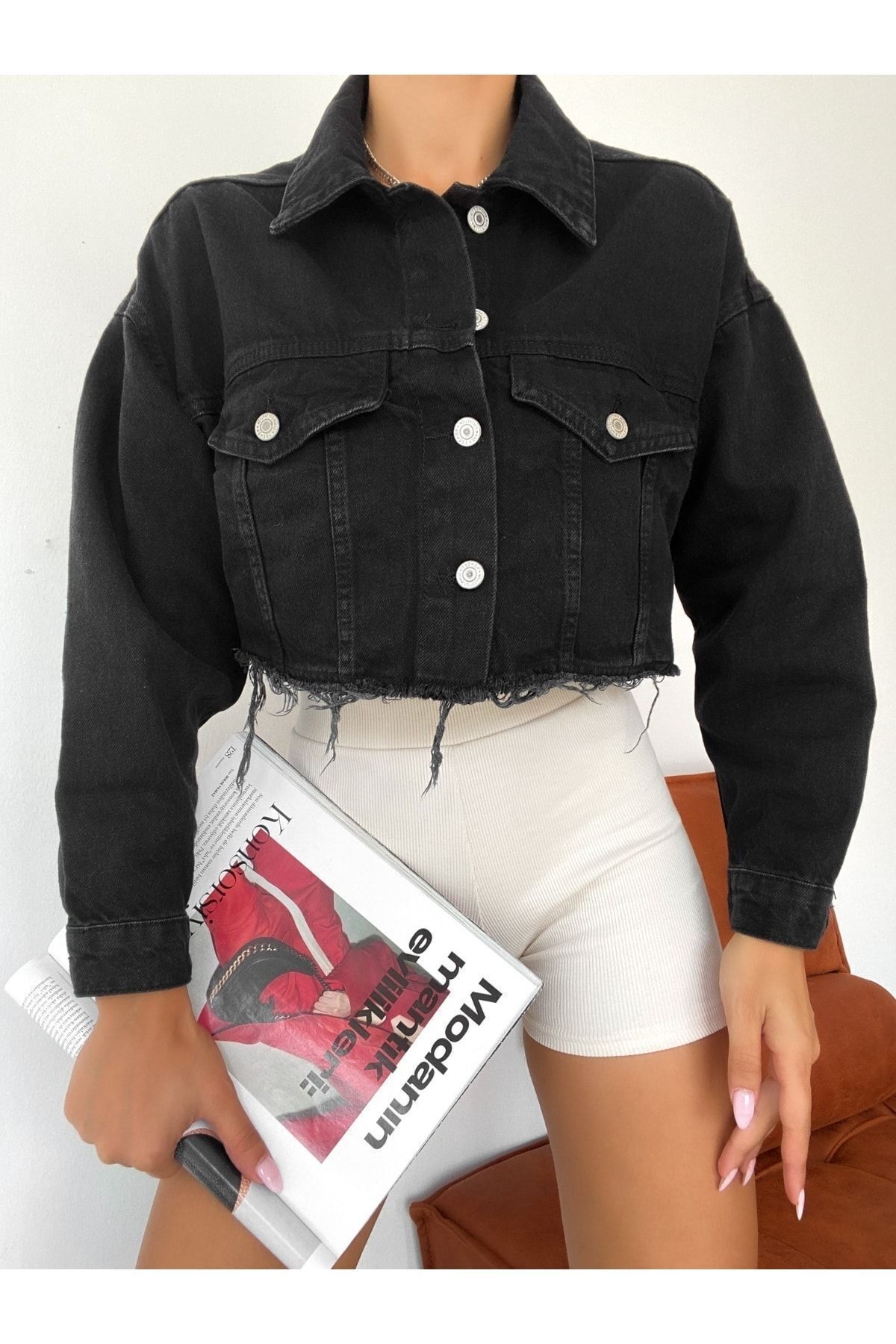 Trend Siyah Crop Kot Ceket Trend Siyah Crop Kot Ceket
