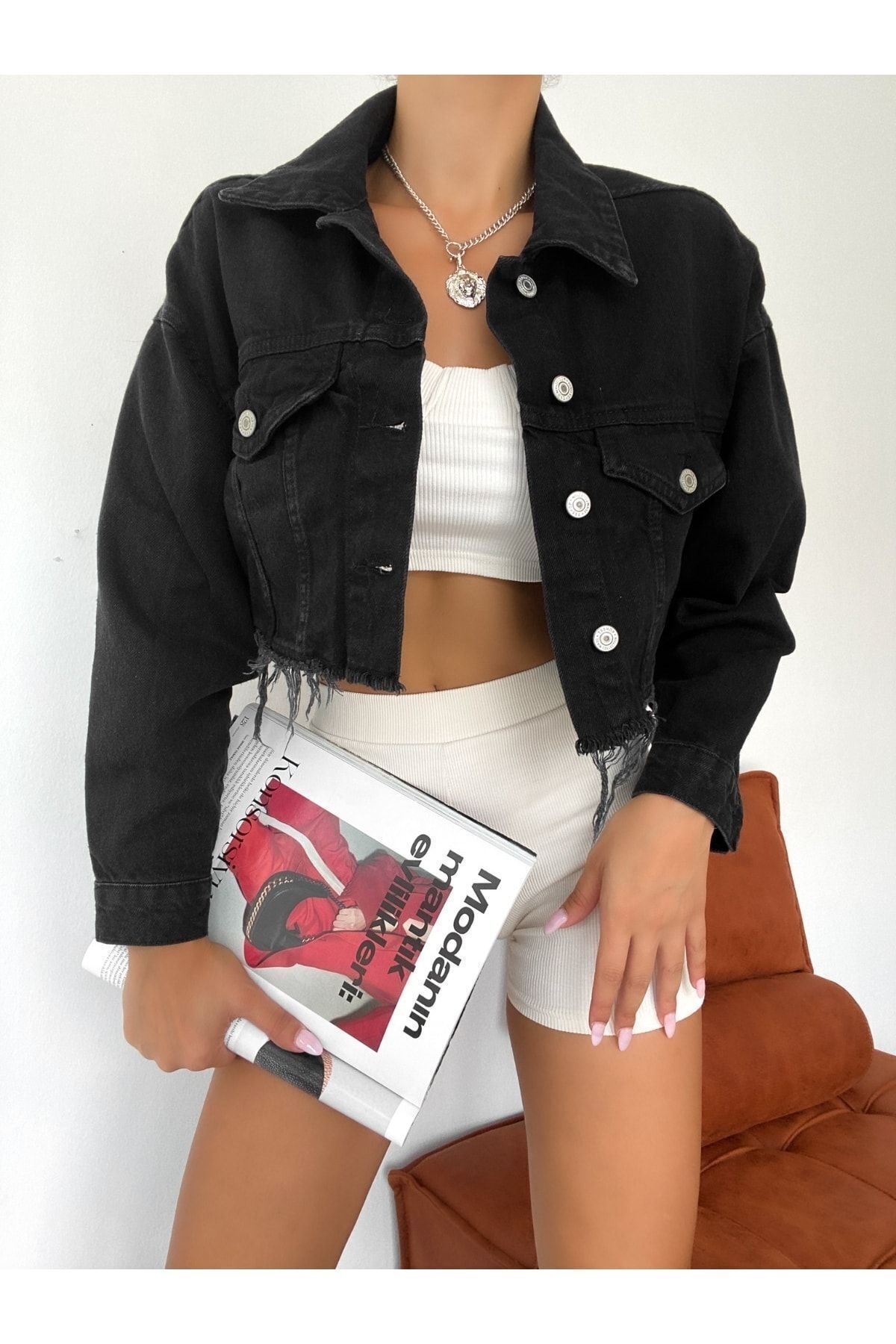 Trend Siyah Crop Kot Ceket Trend Siyah Crop Kot Ceket