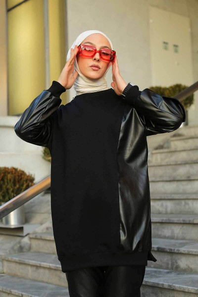 Siyah Deri Garnili Iki Iplik Tesettür Tunik Siyah Deri Garnili Iki Iplik Tesettür Tunik