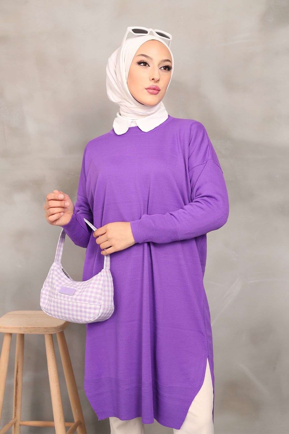 Koyu Lila Bisiklet Yaka Ince Merserize Salaş Triko Tunik Koyu Lila Bisiklet Yaka Ince Merserize Salaş Triko Tunik