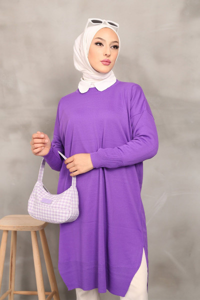 Koyu Lila Bisiklet Yaka Ince Merserize Salaş Triko Tunik Koyu Lila Bisiklet Yaka Ince Merserize Salaş Triko Tunik