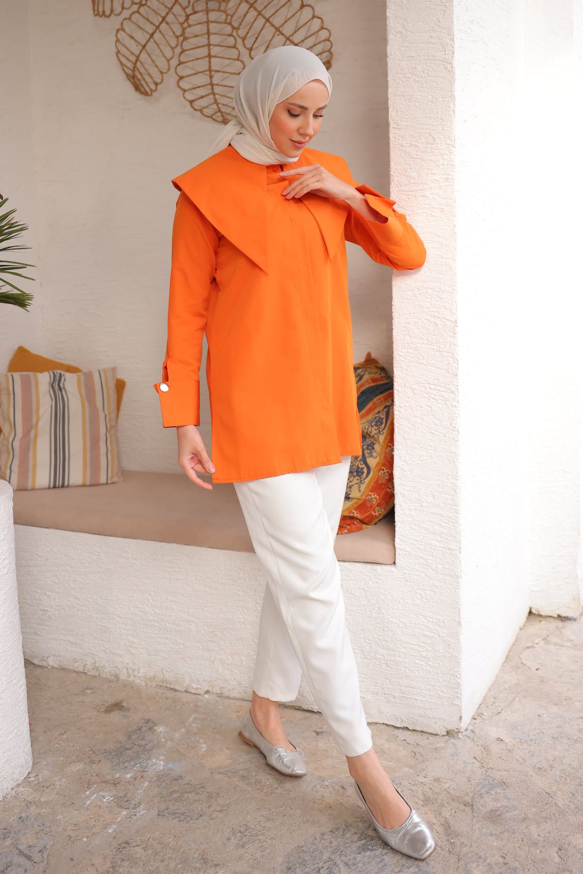 Orange Yaka Detaylı Poplin Tunik