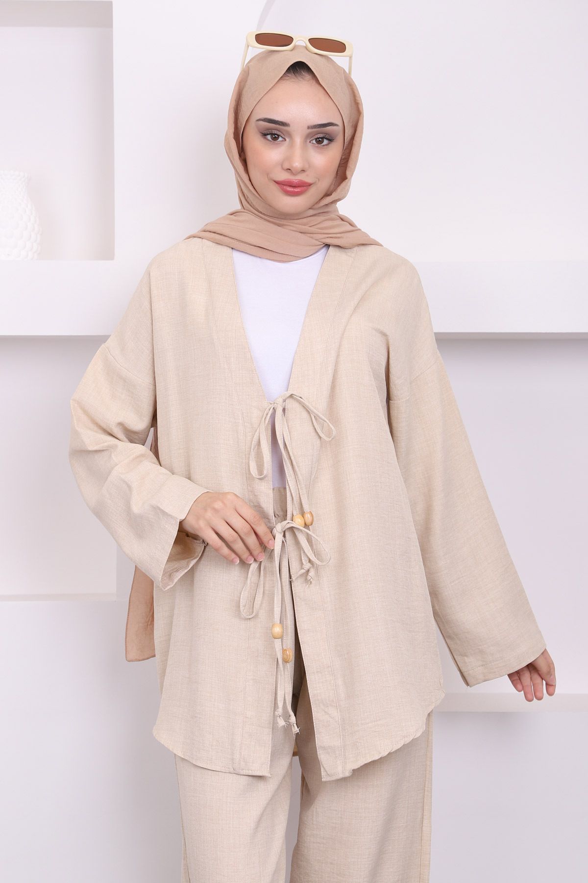 Taş Bağlamalı Keten Kimono Pantolon Takım Taş Bağlamalı Keten Kimono Pantolon Takım