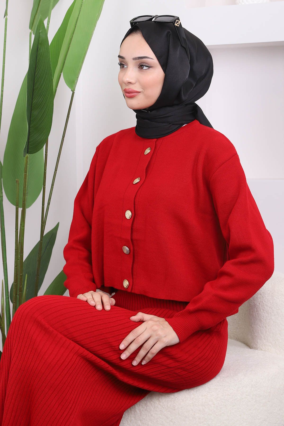 Kırmızı Crop Hırka Elbise İkili Kombin Triko Takım Kırmızı Crop Hırka Elbise İkili Kombin Triko Takım