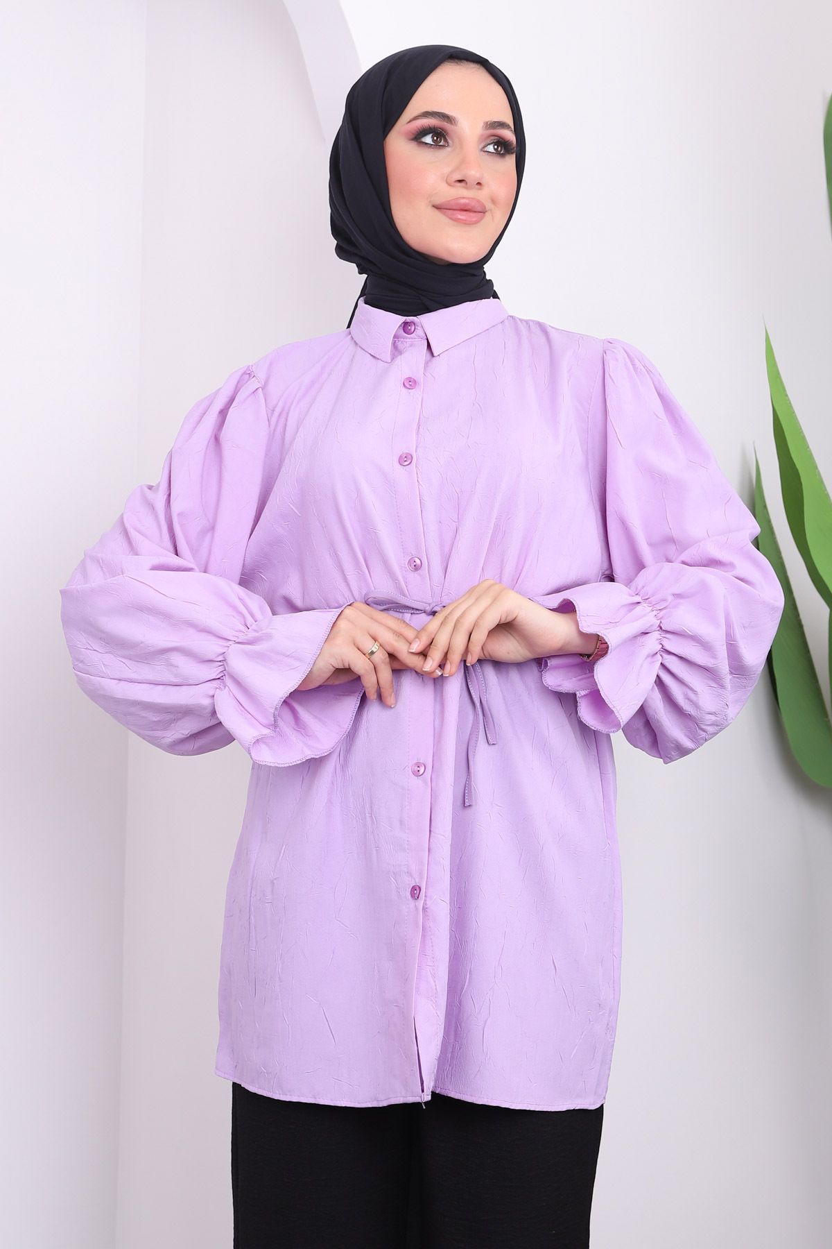 Lila Beli İpli Balon Kol Tunik Lila Beli İpli Balon Kol Tunik