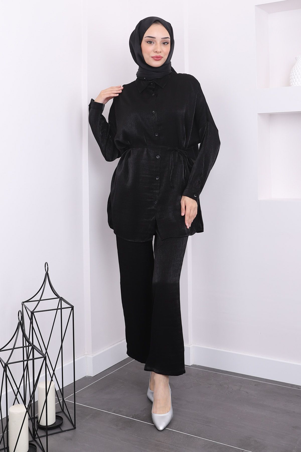 Siyah Bel Kuşaklı Tunik Pantolon Takım Siyah Bel Kuşaklı Tunik Pantolon Takım